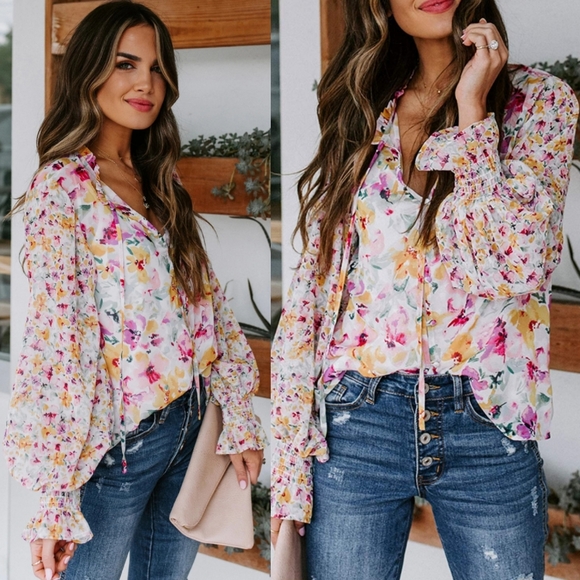 New Floral Ruffled Lantern Button Down Blouse - Picture 3 of 6